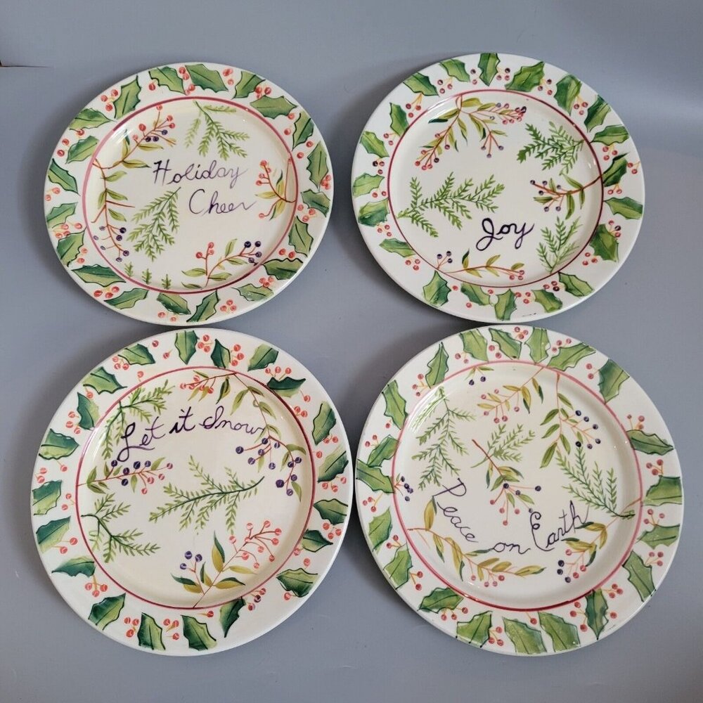Set Of 4 Capriware 9” Hand Painted Christmas Holiday Plates Holly Evergreens